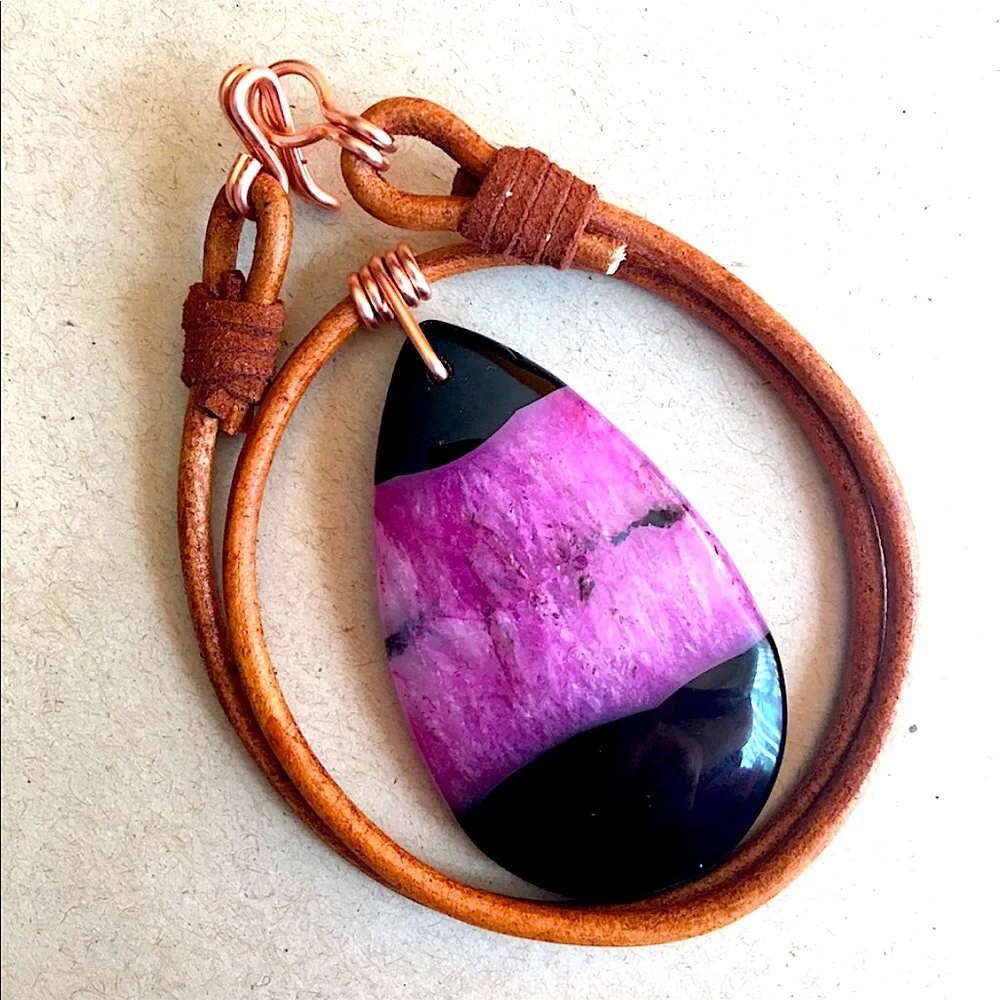 NEW Polished Agate Stone Pendant Copper Wire Wrap 16" Boho Choker Necklace - Picture 1 of 11